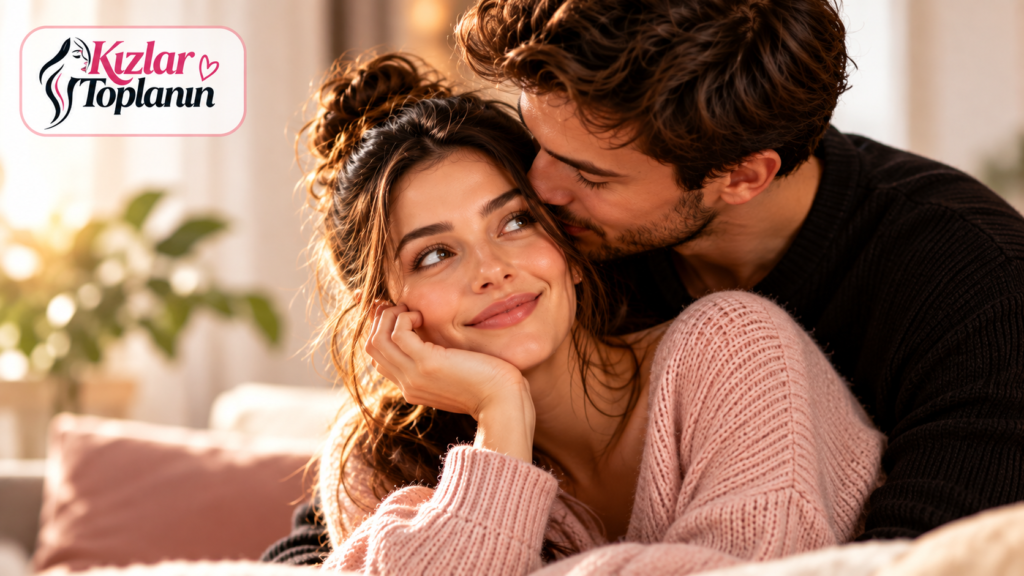 Love bombing, aşırı ilgi ve manipülasyon arasındaki farkı anlatan, romantik bir çift ve Kızlar Toplanın logosu içeren editoryal görsel.
