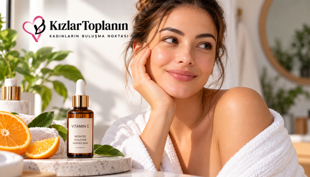C vitamini serumunun cilt bakımındaki kullanımını anlatan Kızlar Toplanın editoryal görseli.