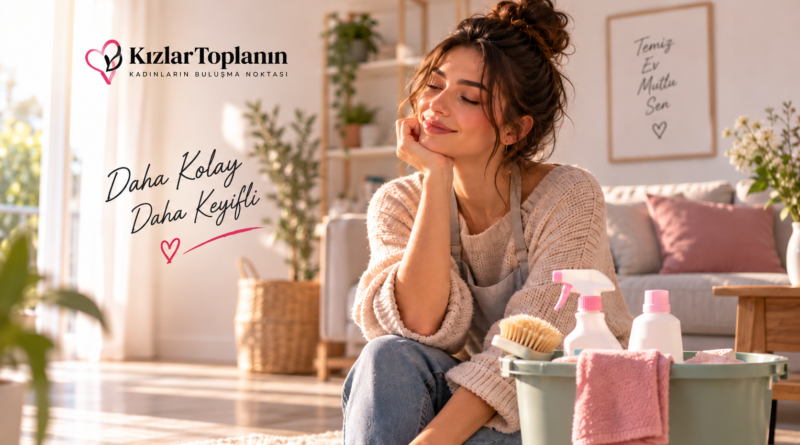 Ev temizliğini daha az yorularak yapmanın yollarını anlatan kadın ve temizlik malzemeleri