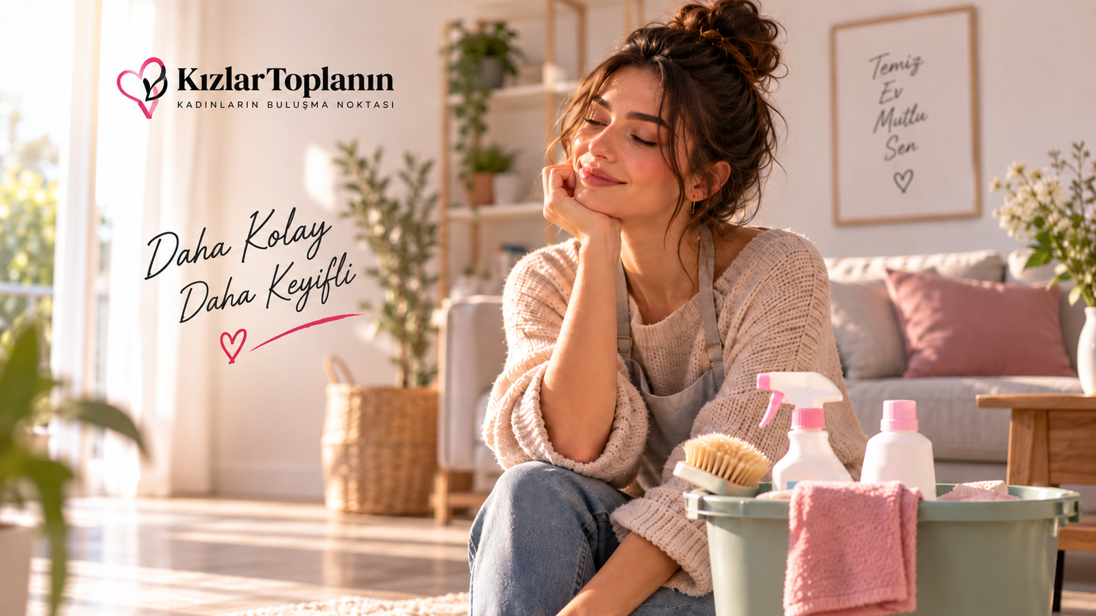 Ev temizliğini daha az yorularak yapmanın yollarını anlatan kadın ve temizlik malzemeleri