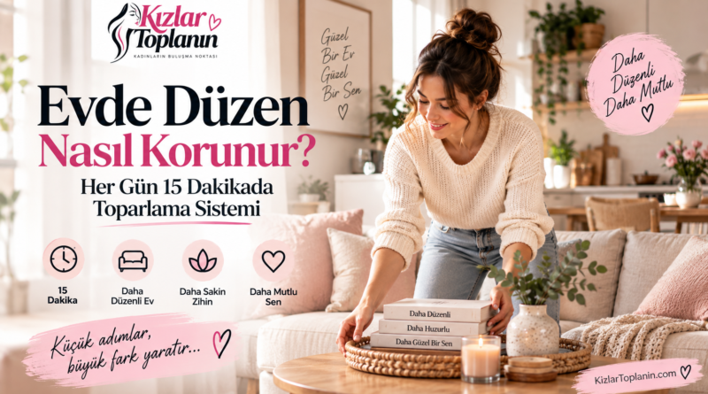 Her gün 15 dakikada evde düzeni korumaya yönelik pratik toparlama sistemini anlatan Kızlar Toplanın editoryal görseli.
