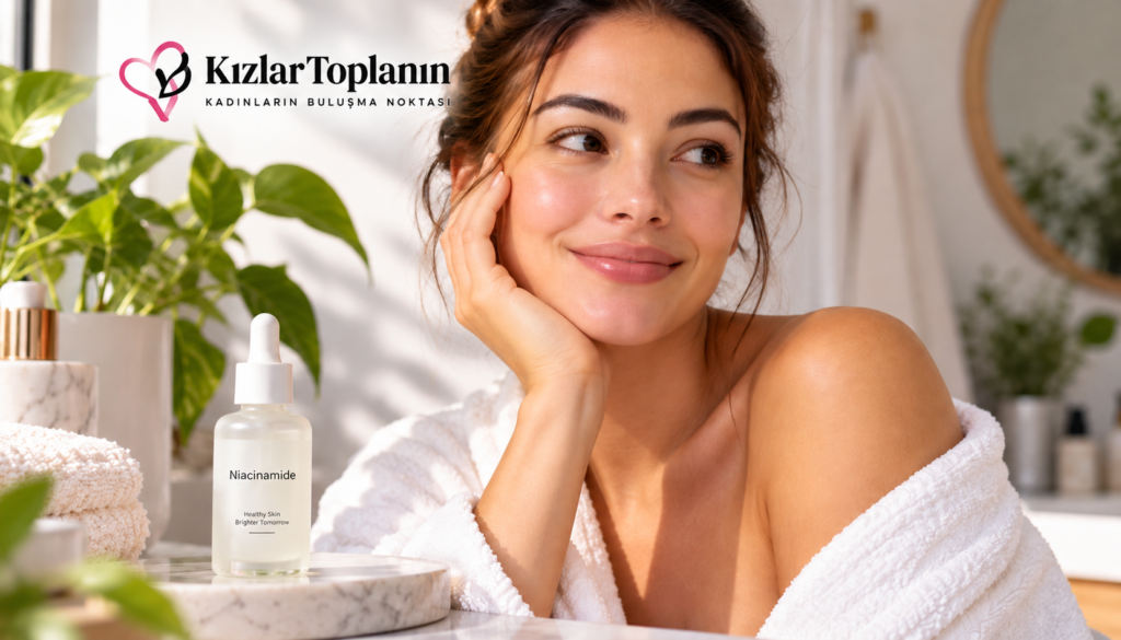 Niacinamide serum kullanan kadın ve cilt bakım rutini