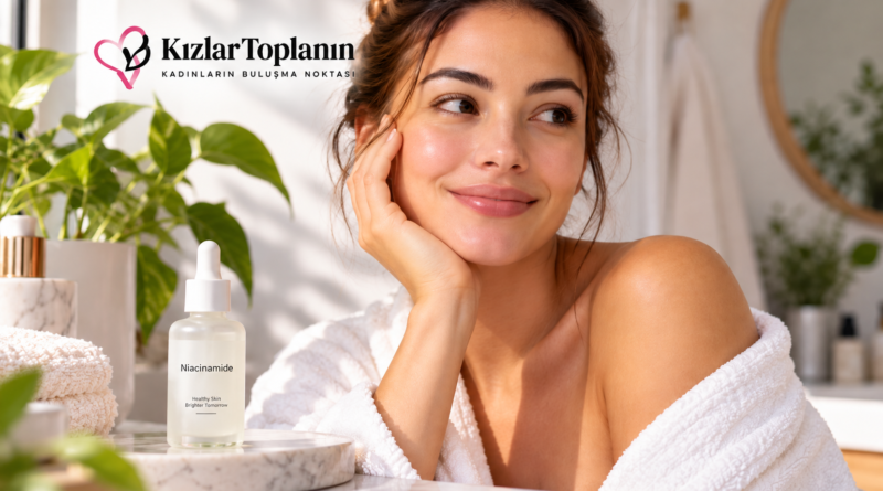 Niacinamide serum kullanan kadın ve cilt bakım rutini