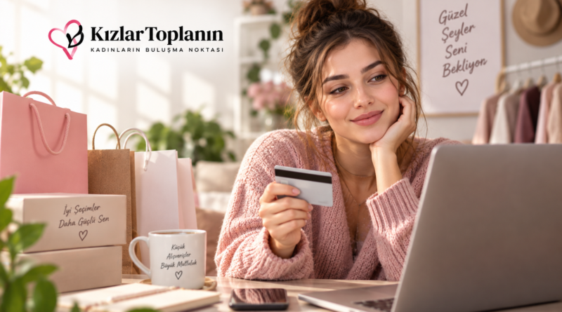 Online alışverişte dolandırılmamak için güvenli alışveriş yapan kadın