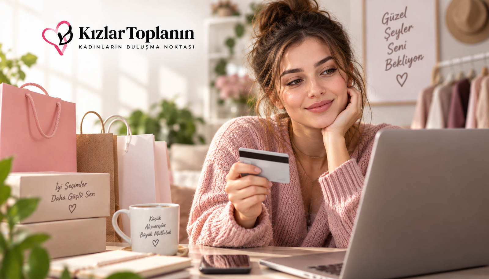 Online alışverişte dolandırılmamak için güvenli alışveriş yapan kadın