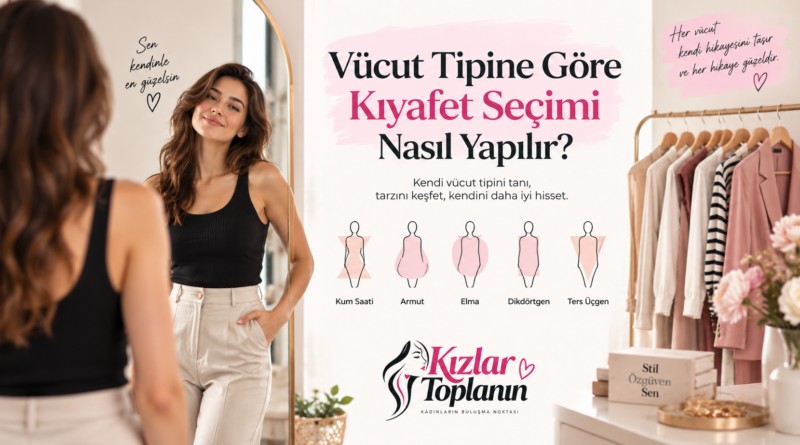 Vücut tipine göre kıyafet seçimini, farklı vücut şekillerine uygun kombin ve giyim önerilerini anlatan Kızlar Toplanın editoryal görseli.